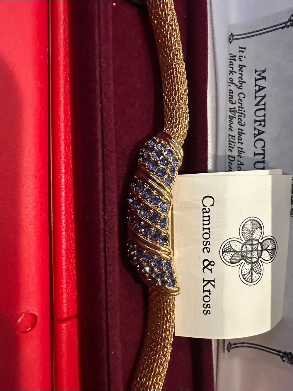 Gold-Tone Mesh Bracelet with Blue Crystal Wave Accent